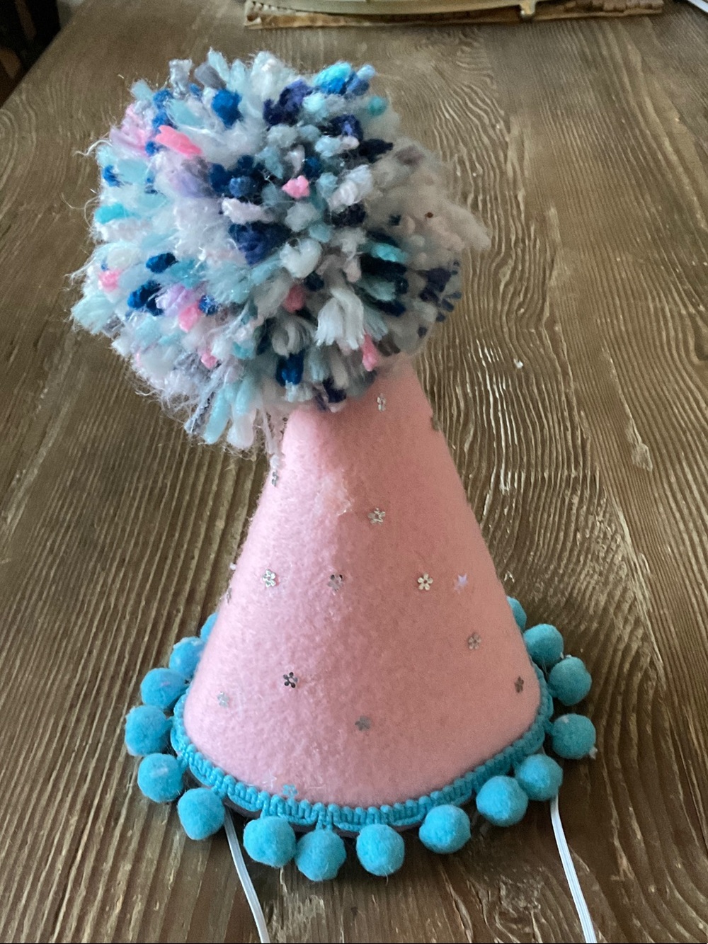 Pink Felt birthday Kids Party Hat with Blue Pom Trim and Multicolor Top Pom